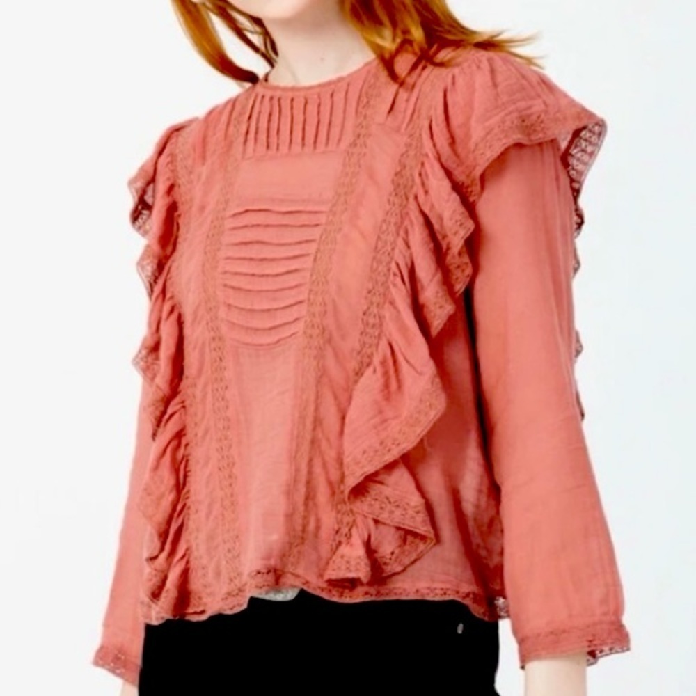 FREE PEOPLE Jasmine Victorian Ruffle Lace Trim Cropped Blouse Rose Size XS